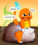 absurd_res anthro big_diaper bodily_fluids charmander clothed clothing coal_the_charmander crying dialogue diaper diaper_fetish diaper_only embarrassed erection erection_in_diaper feces full_diaper generation_1_pokemon hi_res inside male messy_diaper nintendo offscreen_character onomatopoeia pokemon pokemon_(species) scatplay soiled_diaper soiling solo sound_effects stink_fumes tears tepigfan101 text topless unclean_diaper unwanted_erection used_diaper