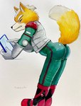 anthro blush bodysuit boots bulge butt canid canine clothing footwear fox fox_mccloud fur green_eyes hi_res male mammal nintendo orange_body orange_fur shoes skinsuit solo star_fox tight_clothing ulala_ko