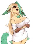 anthro azuu big_breasts breasts brown_body brown_fur claws cleavage clothed clothing eeveelution fan_character female female_anthro finger_claws fur generation_4_pokemon hi_res ivy_(azuu) leafeon looking_at_viewer nintendo open_mouth pokemon pokemon_(species) shirt simple_background solo topwear