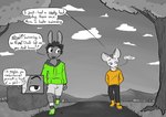 2023 absurd_res anthro beauchamp_(halcyon) clothed clothing comic detailed_background dialogue digital_media_(artwork) duo english_text forest fur hair halcyon_(series) herba_(halcyon) hi_res lagomorph leporid lost_andsafe male mammal monochrome mouse murid murine open_mouth plant rabbit rodent smile text tree