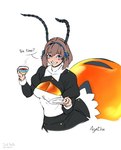 animal_humanoid ant ant_humanoid antennae_(anatomy) arthropod arthropod_humanoid beverage big_breasts blue_eyes breasts brown_hair cleavage clothed clothing container cup english_text female grin hair holding_container holding_cup holding_object holding_plate holding_tea_cup honeypot_ant humanoid hymenopteran hymenopteran_humanoid insect insect_humanoid looking_at_viewer maid_uniform monster_girl_(genre) randomtanstudio short_hair smile solo tea_cup text uniform