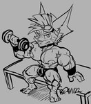 anthro armpit_hair bodily_fluids body_hair bulge dumbbell exercise gym hi_res league_of_legends male male/male monochrome muscular muscular_male musk nipples nude pecs riot_games rumble_(lol) rxq short_stack solo sweat tencent weightlifting weights workout yordle