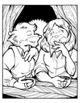 anthro beverage black_and_white border claws clothed clothing container cup daphne_lage don_bluth duo eyes_closed female fur hair inside long_hair mammal monochrome murid murine rat rodent rolled_up_sleeves shirt signature smile story story_in_description tea the_secret_of_nimh topwear tunic vest white_border