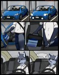 anthro bag bottomwear brown_eyes canid canine car clothing comic dialogue fox fur grey_body grey_fur hair hi_res inside_car inside_vehicle male mammal pants shirt solo starrffax starrffax_(fox_sona) topwear vehicle