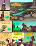 canyon comic dialogue dinosaur dragon dragonscape drekir dromaeosaurid english_text female feral flute forl_(thepatchedragon) group hi_res hiker_(thepatchedragon) jat_(thepatchedragon) male musical_instrument mythological_creature mythological_scalie mythology post-apocalyptic prehistoric_species ralan_(thepatchedragon) reptile river scalie text thepatchedragon theropod tribal tribal_clothing wind_instrument woodwind_instrument