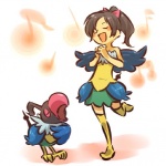 1:1 accessory ambiguous_gender avian beak bird black_hair bow_(feature) bow_accessory bow_ribbon chatot clothed clothing cosplay dress duo eyes_closed fake_tail fake_wings female fully_clothed generation_4_pokemon hair hair_accessory hair_bow hair_ribbon hands_together hitec human mammal musical_note musical_symbol nintendo note nude on_one_leg open_mouth pokemon pokemon_(species) pokemon_trainer ponytail ribbons simple_background singing standing symbol toony white_background wings