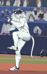 absurd_res anthro athletic athletic_male baseball_cap baseball_glove clothing drakonika123 felid footwear fur hat headgear headwear hi_res leo_(saitama_seibu_lions) lion male mammal mascot mizuno nippon_professional_baseball pantherine saitama_seibu_lions shoes sneakers solo thong underwear whiskers white_body white_fur