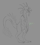 abdominal_bulge anthro conditional_dnp digestion_noises featureless_crotch frill_(anatomy) hi_res kiva~ long_neck male narrowed_eyes nude open_mouth partially_colored sharp_teeth simple_background solo species_request spiked_tail spikes spikes_(anatomy) standing tail tail_frill teeth