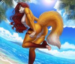 2022 4_toes 5_fingers amur anthro beach bikini bikini_bottom black_nose breasts butt canid canine clothing dutch_angle fangs feet female fingers fox fur genitals hair hindpaw humanoid_hands long_hair looking_at_viewer looking_back looking_back_at_viewer mammal multicolored_body multicolored_fur nipples nude open_mouth open_smile orange_body orange_fur pawpads paws pink_pawpads pussy raised_tail red_hair sea seaside sheena_(grishmark) smile solo swimwear tail teeth toes two-piece_swimsuit two_tone_body two_tone_fur undressing water white_body white_fur