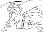 all_fours black_and_white bottomwear brooklyn_(gargoyles) clothing disney gargoyle gargoyles horn humanoid_pointy_ears line_art loincloth looking_back male membrane_(anatomy) membranous_wings monochrome solo stray-sketches tail wings