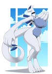 2024 absurd_res anthro big_breasts big_hands blue_body breasts featureless_breasts female generation_2_pokemon hi_res legendary_pokemon lugia mammal nintendo pokemon pokemon_(species) simple_background solo tail vale-city white_body