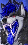 anthro anthro_pred blue_mouth bodily_fluids canid canine canis claws demon demonic demonic_eyes dire_wolf dripping evil_grin fangs fluffy fluffy_hair front_view fur glistening grey_body grey_fur hair hi_res horn large_teeth male mammal mariexparadise mouth_shot myth_(mythdawuff) open_mouth prehistoric_species pupils red_eyes saliva saliva_on_tongue saliva_string slit_pupils smile teeth throat tongue tongue_out wolf wolf_demon