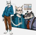 2024 anthro badger badgercat beastly_crimes beastly_crimes_(2024) biped black_body black_nose bottomwear chief_badger clothing domestic_cat duo felid feline felis gala_bobs hi_res hoodie hug male mammal mustelid musteline necktie pants shirt suspenders topwear white_body