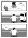 2023 anthro beard big_muscles broad_shoulders bus butt clothed clothing comic commercial_vehicle deadanthro dialogue english_text equid facial_hair generation_7_pokemon gesture hi_res male mammal mature_male monochrome motion_lines mudsdale muscular muscular_male nintendo outside pokemon pokemon_(species) public_transportation rear_view shirt smile solo speech_bubble tail text topwear tucker_(deadanthro) vehicle vehicle_for_hire waving