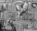 anthro big_butt butt cliff_rockwell doctordj duo english_text female genitals hi_res huge_butt human kinktober komodo_dragon lizard male mammal monitor_lizard monochrome nude pussy reptile scalie stuck text thick_thighs