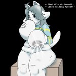 1:1 alpha_channel anthro areola big_breasts biped bodily_fluids breast_play breast_suck breastfeeding breasts canid canine clothed clothing felid feline female ghireleaf hair lactating low_res mammal milk projectile_lactation solo sucking tem temmie_(undertale) text topwear undertale undertale_(series) white_body