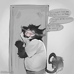 1:1 2024 anthro black_body black_fur blush bottomwear catatex_69 clothing comic demon dialogue digital_media_(artwork) door english_text eyes_closed felid feline fur grey_body grey_bottomwear grey_clothing grey_fur grey_pants grey_shirt grey_t-shirt grey_tail grey_topwear hazbin_hotel hi_res husk_(hazbin_hotel) listening male mammal open_mouth open_smile pants shirt smile solo speech_bubble t-shirt tail tail_tuft text topwear tuft