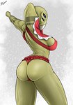 4_eyes absurd_res alien alien_humanoid aqualish biobrony breasts christmas christmas_clothing clothing english_text female gwen_(angels) hi_res holidays humanoid lingerie multi_eye not_furry rear_view side_boob solo star_wars stretching text tusks ualaq