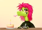 2022 anthro artist_name birthday cake candle chin_piercing claws clothed clothing colored crocodile crocodilian crocodylid dessert digital_drawing_(artwork) digital_media_(artwork) dinosaur dromaeosaurid eyebrow_piercing facial_piercing facial_tattoo food green_body green_scales hair half-closed_eyes hi_res hybrid johny_(rtootb) lizard long_hair looking_at_viewer male messy_hair narrowed_eyes piercing pink_hair prehistoric_species red_eyes reptile ring_(jewelry) ring_piercing rtootb scales scalie shaded signature simple_background smile smiling_at_viewer solo sweater tattoo theropod topwear yellow_eyes