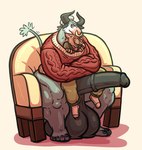 anthro balls barefoot big_balls big_penis bottomless bottomless_anthro bottomless_male bovid bovine cable_knit_jersey cattle clothed clothing cuddling duo eyes_closed facial_piercing feet furniture genitals gerrark hair hair_bun half-closed_eyes hi_res horn huge_balls huge_penis humanoid_genitalia humanoid_penis hybrid_genitalia hybrid_penis hyena hyper hyper_balls hyper_genitalia hyper_penis joe_(joebluefox) joebluefox looking_at_viewer love male male/male mammal medial_ring medial_ringed_humanoid_penis medial_ringed_hybrid_penis muscular muscular_anthro muscular_male narrowed_eyes nose_piercing nose_ring on_sofa penis piercing ring_piercing romantic romantic_couple sitting sitting_on_sofa size_difference slightly_chubby slightly_chubby_anthro slightly_chubby_male smile smirk smug smug_face smug_grin sofa sweater topwear