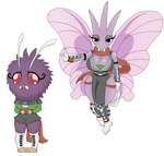 accessory antennae_(anatomy) anthro armwear big_breasts black_clothing blue_eyes bottomwear breasts clothed clothing duo eyelashes female floating footwear fur generation_1_pokemon green_clothing hi_res legwear nintendo pokeball pokemon pokemon_(species) purple_body purple_fur red_eyes scarf shirt shoes shorts simple_background teeth topwear tunic urusee584 venomoth venonat white_background wings