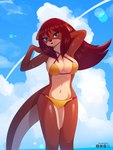 3:4 absurd_res anthro bikini blue_eyes breasts brown_body brown_fur brown_hair brown_nose clothing cloud digital_media_(artwork) duderedblue eyelashes female fur hair hi_res long_hair mammal mustelid navel otter portrait shaded sky smile soft_shading swimwear three-quarter_portrait two-piece_swimsuit wet wet_body