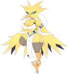 anthro armwear beak big_breasts blue_eyes bottomwear breasts clothed clothing collar female generation_1_pokemon hi_res legendary_pokemon nintendo pokeball pokemon pokemon_(species) simple_background skirt solo topwear ultra_ball urusee584 white_background wings yellow_body zapdos