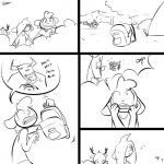 1:1 annoyed anthro antlers backpack black_and_white bovid camp caprine clothed clothing comic deer digital_drawing_(artwork) digital_media_(artwork) domestic_sheep ellipsis female female_symbol forest gender_symbol gender_symbol_penetration group hair hair_over_eye holding_backpack horn imagination lagomorph leporid male male_symbol mammal monochrome monster one_eye_obstructed outside panicking pictographics plant rabbit scared sheep shirt shrub simple_background slypon speech_bubble symbol tent tongue tongue_out topwear tree wet_hair white_background