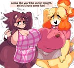 absurd_res animal_crossing anthro apron apron_only big_breasts black_eyes blonde_hair bottomwear breasts brown_hair canid canine canis clothing dialogue dipstick_tail domestic_dog duo english_text eulipotyphlan exclamation_point female hair hand_behind_head heart_symbol hedgehog hi_res huge_breasts huge_hips huge_thighs isabelle_(animal_crossing) lewd_dorky looking_at_viewer mammal markings multicolored_body nintendo onomatopoeia open_mouth overweight overweight_female sable_able shih_tzu shirt skirt sound_effects tail tail_markings text thick_thighs topwear toy_dog two_tone_body white_eyes wide_hips yellow_body