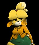 2024 alpha_channel animal_crossing anthro bell big_breasts black_eyes black_nose blonde_hair blush blush_lines bottomwear breasts canid canine canis cleavage clothed clothing countershade_face countershading digital_media_(artwork) dipstick_tail domestic_dog eye_through_hair eyebrow_through_hair eyebrows female floppy_ears fur green_bottomwear green_clothing green_skirt hair hi_res huge_hips huge_thighs isabelle_(animal_crossing) jingle_bell lips mammal markings multicolored_body multicolored_fur nintendo nomi-yaki open_mouth orange_clothing orange_topwear orange_vest pencil_skirt pink_lips pockets ponytail portrait shaded shih_tzu short_tail signature simple_background skirt solo tail tail_markings tan_body tan_countershading tan_fur thick_thighs three-quarter_portrait three-quarter_view topwear toy_dog translucent translucent_hair transparent_background vest wide_hips yellow_body yellow_fur