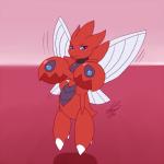 1:1 2016 ambiguous_gender anthro arthropod black_collar blue_eyes collar collar_only crossed_arms digital_media_(artwork) english_text flat_colors flying front_view generation_2_pokemon hi_res insect insect_wings looking_at_viewer male_(lore) motion_lines nintendo nude pincers pink_background pokemon pokemon_(species) red_body scizor shikaro signature simple_background solo text wings