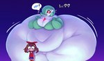 absurd_res belly big_belly big_breasts big_butt bodily_fluids bottom_heavy breasts brown_hair butt candy cleavage clothed clothing dessert duo exclamation_point female food gameplay_mechanics gardevoir generation_3_pokemon green_hair hair hair_over_eye hi_res huge_belly huge_breasts huge_butt huge_thighs human humanoid hyper hyper_belly hyper_butt hyper_thighs looking_down mammal may_(pokemon) morbidly_obese morbidly_obese_female morbidly_obese_humanoid motion_lines mysterydad navel nintendo not_furry obese obese_female obese_humanoid one_eye_obstructed open_mouth open_smile overweight overweight_female overweight_humanoid pokemon pokemon_(species) rare_candy red_eyes sequence smile speech_bubble standing sweat sweatdrop thick_thighs weight_gain white_body wide_eyed