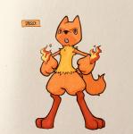 2018 3_fingers 3_toes alternate_color ambiguous_gender angry anthro biped black_nose canid canine digitigrade english_text fakemon featureless_crotch feet fingers fire firefightdex fluffy fluffy_tail front_view frown full-length_portrait fur generation_4_pokemon hi_res looking_up mammal marco_fanjul marker_(artwork) mixed_media multicolored_body multicolored_fur nintendo nude open_frown open_mouth orange_body orange_eyes orange_fur orange_tail orange_theme pen_(artwork) pink_tongue pokemon pokemon_(species) portrait pseudo_clothing riolu shadow simple_background snout solo standing tail text toes tongue toony traditional_media_(artwork) two_tone_body two_tone_fur warm_colors white_background yellow_body yellow_fur