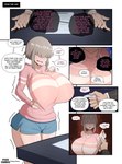 absurd_res big_breasts breasts clothed clothing comic dialogue duo english_text fake_face_(artist) female grey_hair hair hair_over_eyes hi_res huge_breasts human human_only light_body light_skin male mammal not_furry speech_bubble text uzaki-chan_wa_asobitai! yanagi_uzaki