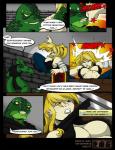 anthro blonde_hair breasts clothing comic crossover dialogue dinosaur duo english_text female general_scales hair hi_res human legend_of_jenny_and_renamon male mammal metroid navel nintendo prehistoric_species reptile samus_aran scalie sharpclaw_(star_fox) star_fox text theropod torn_clothing yawg