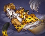 2024 5:4 anthro bed black_ears black_nails black_nose black_pawpads black_spots borzoi breasts canid canine canis cheetah clara_(acidonix) claws colored colored_nails digital_drawing_(artwork) digital_media_(artwork) domestic_dog duo ear_piercing ear_ring felid feline felis female finger_claws fingernails fluffy fluffy_hair fluffy_tail fur furniture grey_background hair hand_on_head hi_res hug hunting_dog inner_ear_fluff interspecies larger_female lying lying_on_another lying_on_breasts male male/female mammal markings multicolored_body multicolored_fur multicolored_tail nails on_back on_bed orange_body orange_eyes orange_fur pawpads piercing ring_piercing romantic romantic_ambiance romantic_couple sean_(acidonix) sighthound simple_background size_difference smaller_male spots spotted_body spotted_fur stripes tail tofuka_hirose tuft white_body white_fur white_sclera yellow_body yellow_eyes yellow_fur