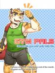 2019 3:4 anthro clothed clothing comic cover digital_media_(artwork) english_text felid fur gym_pals h155296 looking_at_viewer male mammal markings muscular muscular_anthro muscular_male one_eye_closed pal_(gym_pals) pantherine simple_background smile solo standing striped_body striped_fur striped_markings striped_tail stripes tail tail_markings text tiger