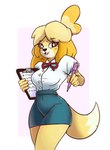 2017 animal_crossing anthro blouse blush blush_stickers bodily_fluids bottomwear bow_(feature) bow_in_front bow_panties bow_underwear bra breasts canid canine canis cleavage clipboard clothed clothing clothing_bow digital_media_(artwork) dipstick_tail domestic_dog dual_holding female flying_sweatdrops fur hair holding_clipboard holding_object holding_pen holding_writing_utensil isabelle_(animal_crossing) looking_at_viewer mammal markings medium_breasts multicolored_tail navel nintendo open_mouth panties paper pen pencil_skirt secretly_saucy shih_tzu simple_background skirt slideshow solo standing string_bow sweat sweatdrop tail tail_markings topwear toy_dog underwear undressing writing_utensil