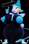 3d_(artwork) android anthro areola big_breasts blush blush_stickers breasts darkner deltarune dialogue digital_media_(artwork) felid feline female floating_hands genitals geodat64 glowing glowing_eyes hi_res huge_breasts machine mammal nipples pussy robot solo tail tasque_manager undertale_(series) yellow_eyes