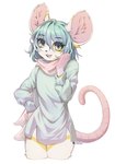 2022 anthro bella_(shortcord) bitterk4t bottomless buckteeth clothed clothing digital_drawing_(artwork) digital_media_(artwork) female fur green_eyes hi_res inner_ear_fluff kemono mammal mouse murid murine open_mouth open_smile pink_body pink_fur pink_tail portrait rodent smile solo tail teeth three-quarter_portrait tuft white_body white_fur yellow_body yellow_fur