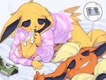 anthro bed blush bodily_fluids breasts cleavage clothed clothing duo eating eeveelution ellipsis female female_anthro flareon floppy_ears food fur furniture generation_1_pokemon grey_sclera half-closed_eyes hi_res hoodie jolteon kame_3 mammal narrowed_eyes nintendo orange_body orange_fur pokemon pokemon_(species) smile spiral_eyes sweat topwear weighing_scale yellow_body yellow_fur