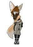 absurd_res anthro aria_maxwell big_ears brown_hair canid canine clothing dipstick_tail female fennec_fox fingerless_gloves fox gloves green_eyes hair hand_on_face handwear hi_res looking_at_viewer madfuzzer mammal markings smile smiling_at_viewer smirk smirking_at_viewer solo streetwear tail tail_markings techwear true_fox yellow_body