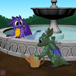 1:1 2023 ambiguous_gender anthro claws dragon duo feathered_wings feathers fountain foxenawolf green_body green_scales horn membrane_(anatomy) membranous_wings mythological_creature mythological_scalie mythology partially_submerged plant purple_body purple_scales scales scalie shrub smile tail watering_can wings