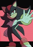 absurd_res anthro chest_tuft clothing fist footwear frown frowning_at_viewer gloves handwear hi_res looking_at_viewer male open_hand sega sh1vss shadow_the_hedgehog shoes simple_background solo sonic_the_hedgehog_(series) tail tuft