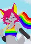 anthro arm_warmers armwear canid canine cel_shading clothing cloud crop_top eyebrows eyelashes female flag flag_(object) fox fur grey_body grey_fur gure_(thekitsuyt) hair hi_res holding_flag holding_object lgbt_pride lgbt_pride_month mammal multicolored_clothing multicolored_shirt multicolored_topwear navel open_mouth pink_eyebrows pink_eyes pink_hair pink_nose pride_color_clothing pride_color_flag pride_colors purple_eyelashes rainbow_clothing rainbow_crop_top rainbow_flag rainbow_pride_colors rainbow_pride_flag rainbow_shirt rainbow_symbol rainbow_topwear shaded shirt signature six-stripe_rainbow_pride_colors sky smile solo teeth thekitsuyt tongue topwear yellow_ear_fluff yellow_flagpole