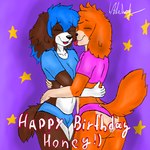 1:1 anthro belly blue_ear_tips blue_hair breasts brown_body brown_fur butt canid canine canis clothing cockapoo dipstick_ears domestic_dog duo ear_markings english_text eyes_closed face_lick female fur german_shepherd hair happy_birthday herding_dog hi_res higo_(higo22) hug licking male male/female mammal mixed_breed mobywidebody multicolored_ears orange_body orange_fur panties pastoral_dog paw_patrol portuguese_water_dog simple_background smile text tongue tongue_out topwear tosha_(tosha68) underwear white_body white_fur yellow_body yellow_fur