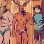 1:1 abs anthro antlers avian bathroom beak billmund bird bulge cere_(anatomy) clothed clothing columbid common_pigeon creatures_of_the_night deer felid group hat headgear headwear hi_res horn leopard male mammal musclegut muscular muscular_male nipples pantherine pigeon selfie skimpy smile snow_leopard snowy_(creatures_of_the_night) speedo standing swimwear the_stag topless wingman