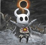 2024 2_horns absurd_res acrylic_painting_(artwork) ambiguous_gender armor black_eyes black_legs clothed clothing cloud dark_souls fromsoftware hi_res hollow_knight horn humanoid inktober meme mouthless noseless outside oxyartspro pose praise_the_sun_(meme) sky solo standing team_cherry the_knight_(hollow_knight) traditional_media_(artwork) vessel_(species) white_head