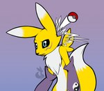 ambiguous_gender anthro bandai_namco canid canine digimon digimon_(species) digital_media_(artwork) hi_res mammal mancoin nintendo pokeball pokemon renamon simple_background solo white_body yellow_body