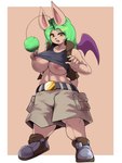 3:4 absurd_res antennae_(anatomy) anthro bat_wings big_breasts bottomwear breasts cargo_shorts clothed clothing crossgender female final_fantasy footwear front_view fur green_hair hair hi_res mammal membrane_(anatomy) membranous_wings moogle mu_(goodmogmooglemu) open_mouth oversized_bottomwear oversized_clothing oversized_pants pants pom_antennae raised_clothing raised_shirt raised_tank_top raised_topwear shirt shoes short_stack shorts small_wings solo square_enix tan_body tan_fur tank_top taphris topwear vest wings yellow_eyes